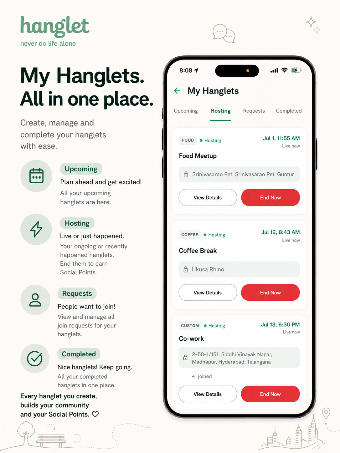 My Hanglets with hosting and request tabs in Hanglet