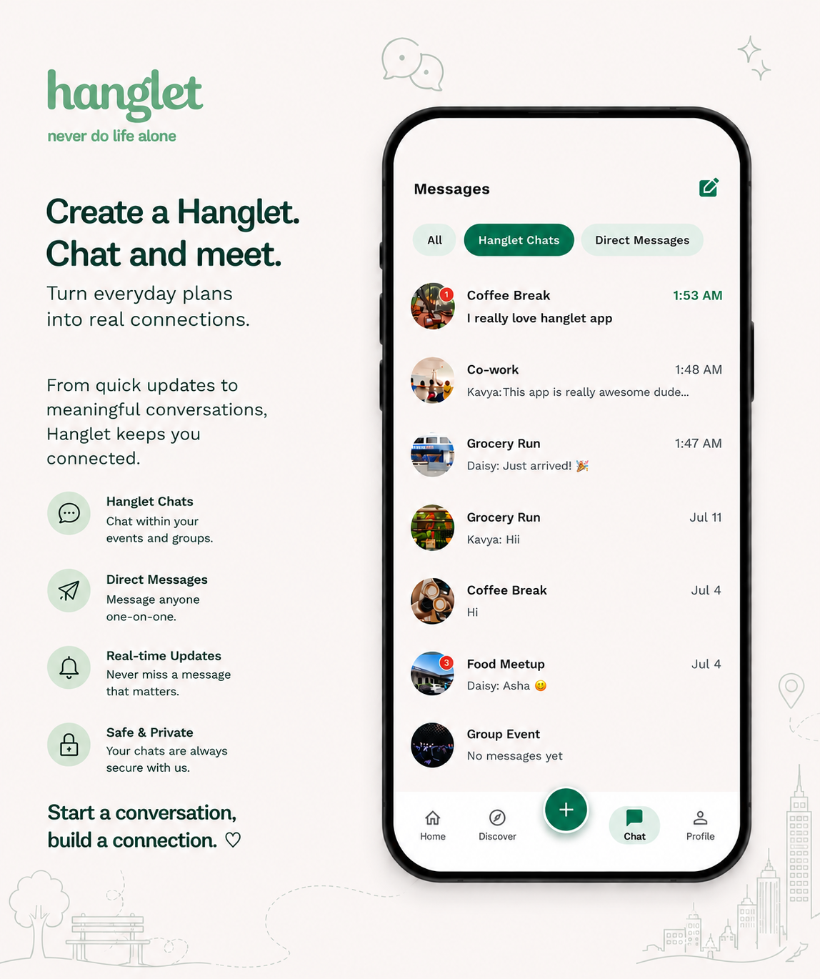 Hanglet app Messages screen — chat within your activities and message new friends one-on-one to turn everyday plans into real connections