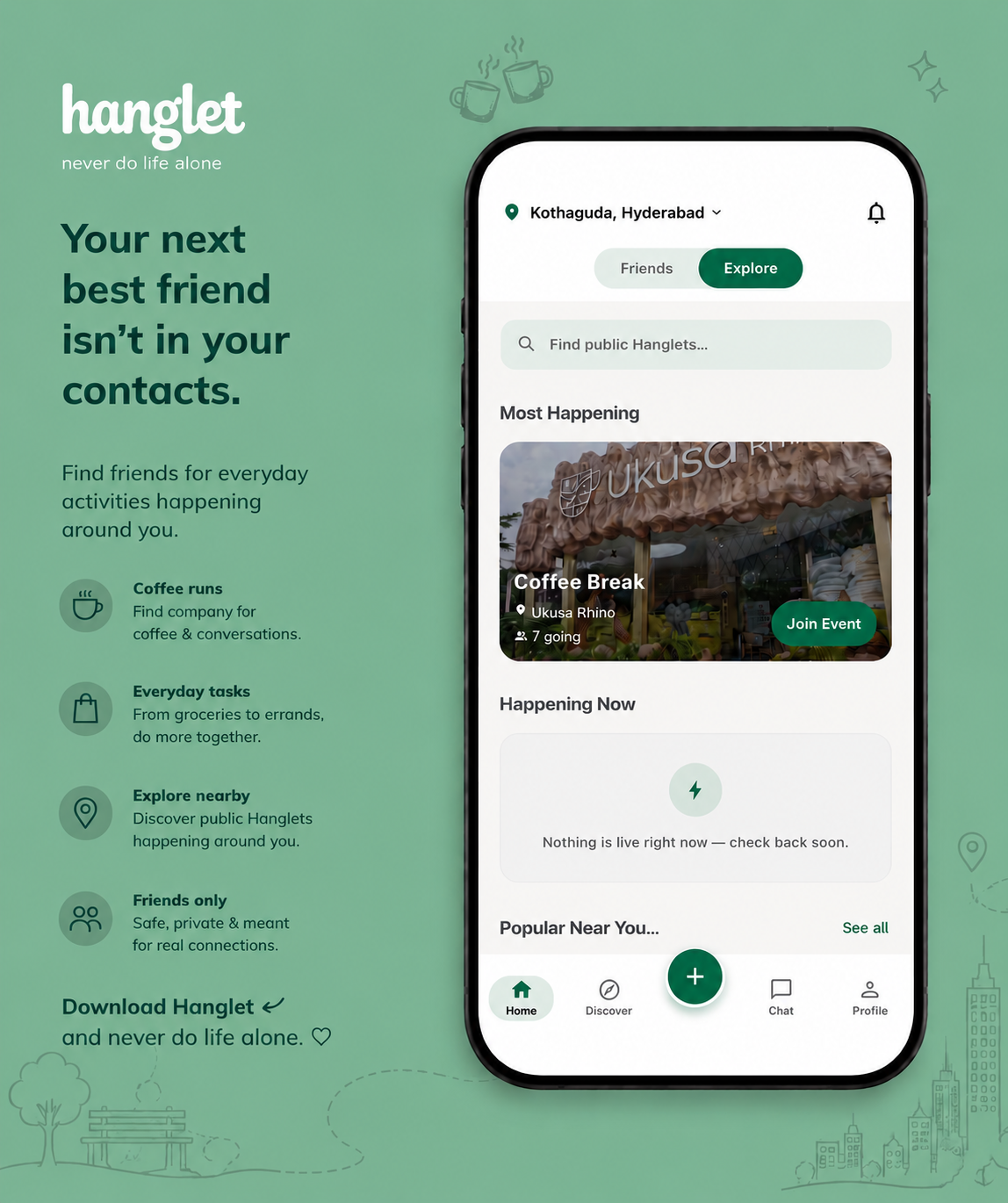 Hanglet app home screen — discover friends and public activities happening near you in Hyderabad, from coffee runs to grocery trips